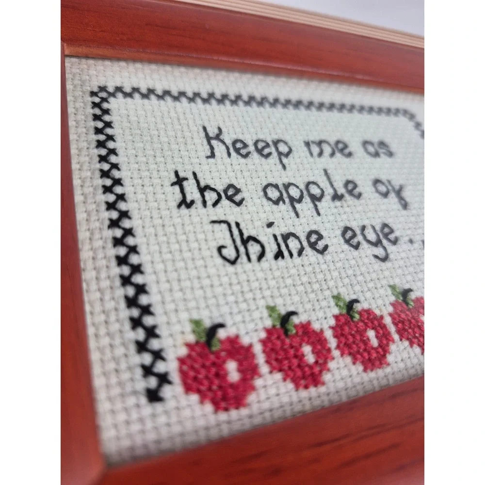 Vintage Framed Cross Stitch Bible‎ Verse Apple of Thine Eye Wood Decor